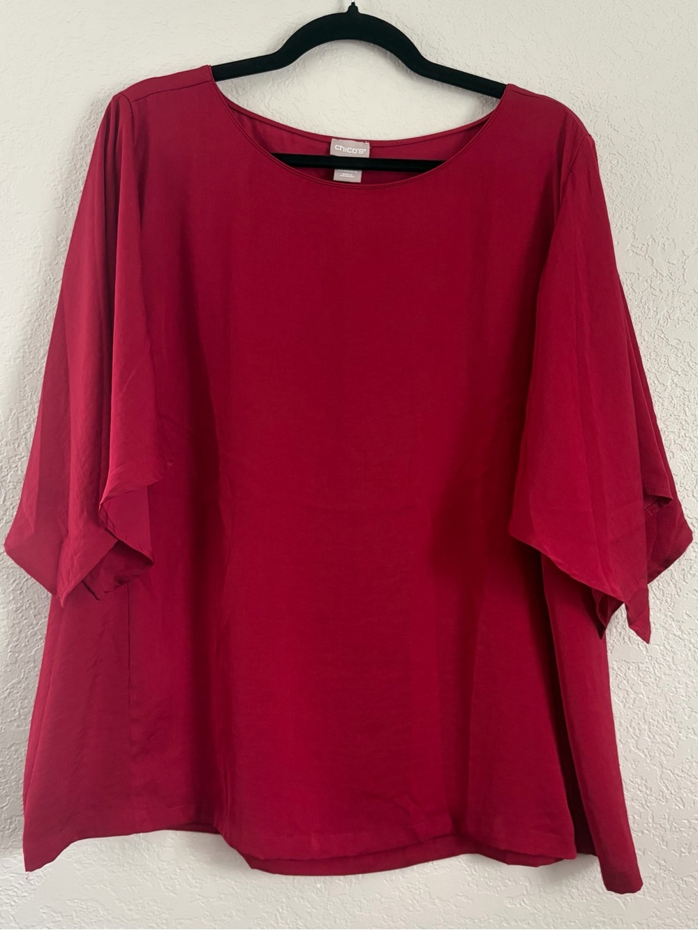 Chico's Women's 3 16/18 Maroon Solid Batwing Sleeves Round Neck Dressy Top